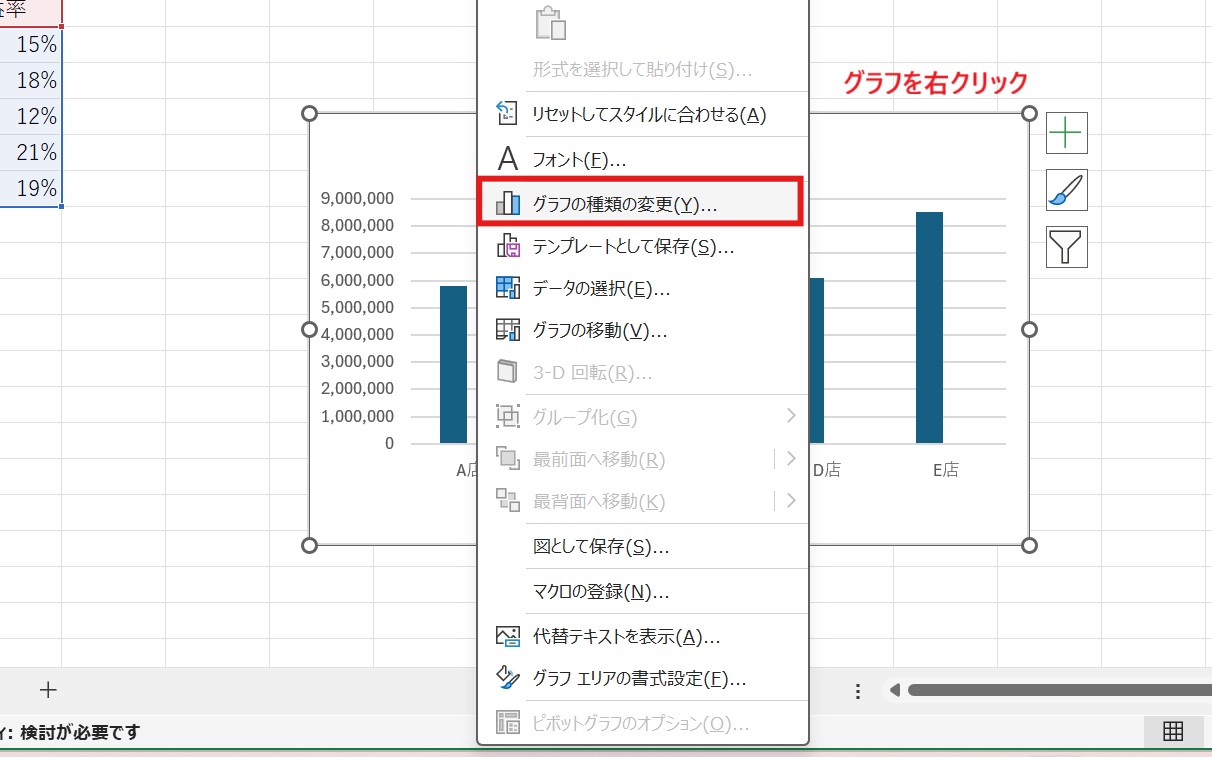 グラフの種類の変更メニューの場所